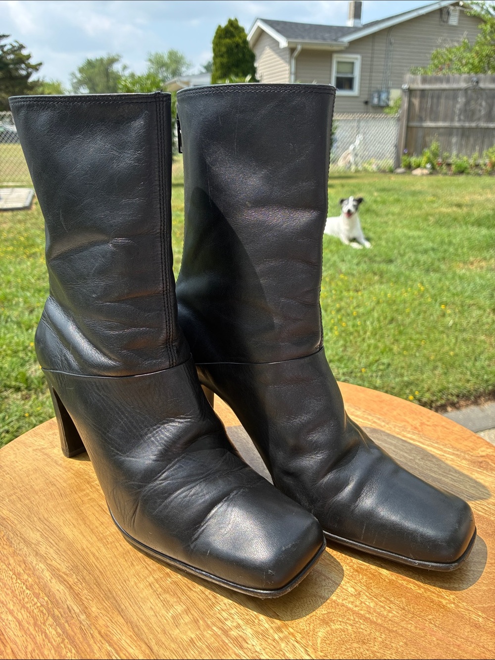Destiny Black Leather Mid-Calf Boots, 3.5 Heel, Square Toe, & Back Zipper, 8.5.